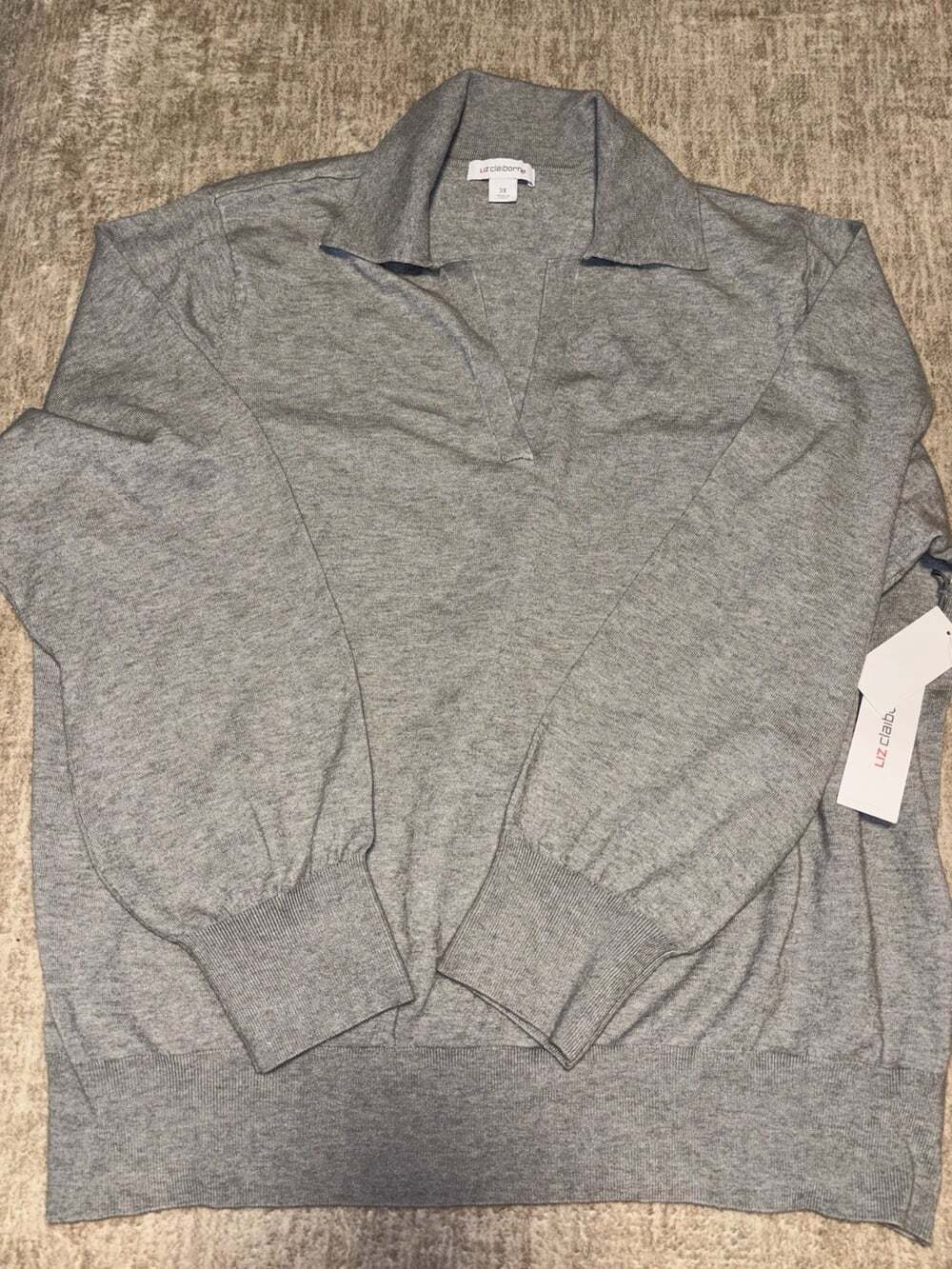 NWT Liz Claiborne Plus Size 3X Heather Gray Johnny Collar Knit Sweater Pullover
